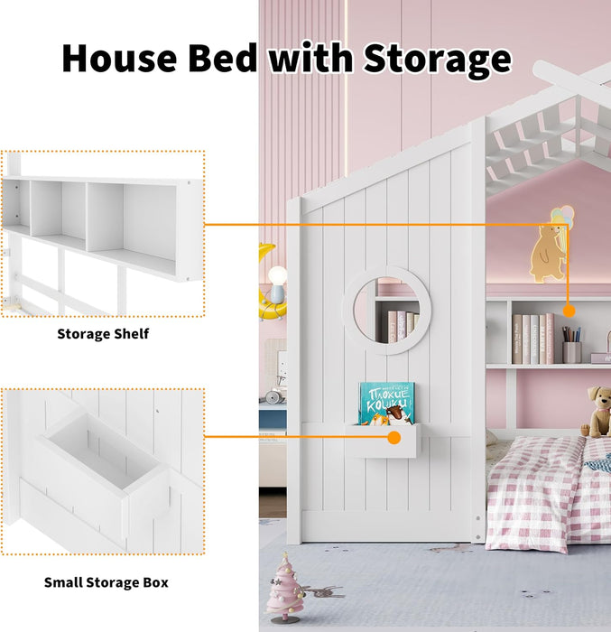 White Full Size Floor Bed Playhouse StorageShelves