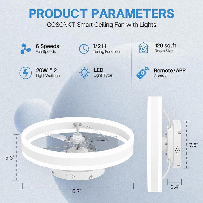 Low Profile 15.7" LED Small Ceiling Fan with Light - Modern, Semi-Enclosed Flush Mount, Smart APP & Remote Control, 6-Speeds, White - Perfect for Bedroom and Living Room