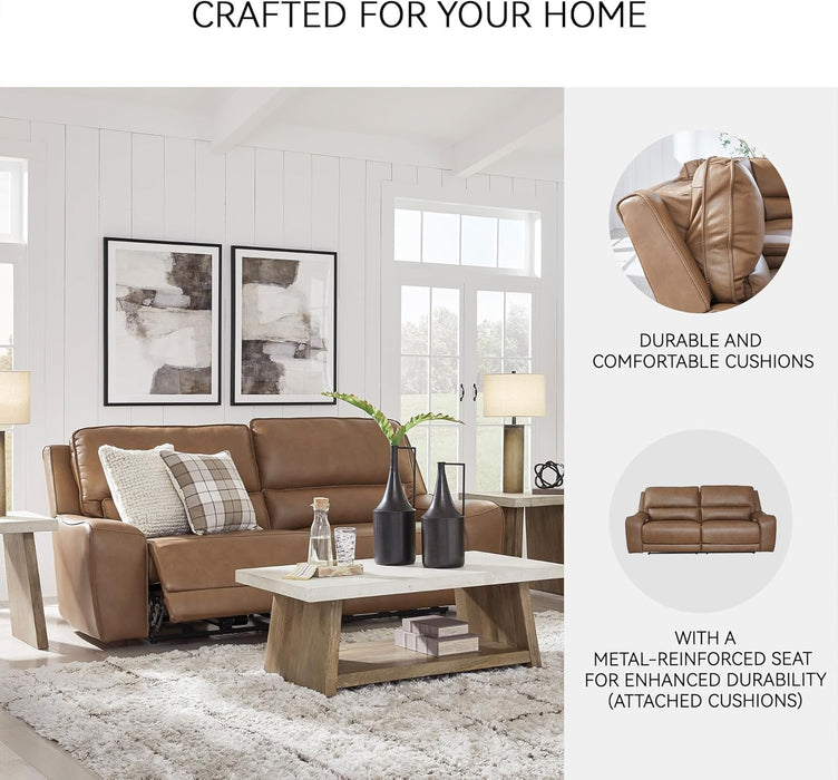 Signature Design by Ashley Spear Hill Contemporary Leather Match Power Reclining Sofa with Adjustable Headrest and USB Ports, Light Brown