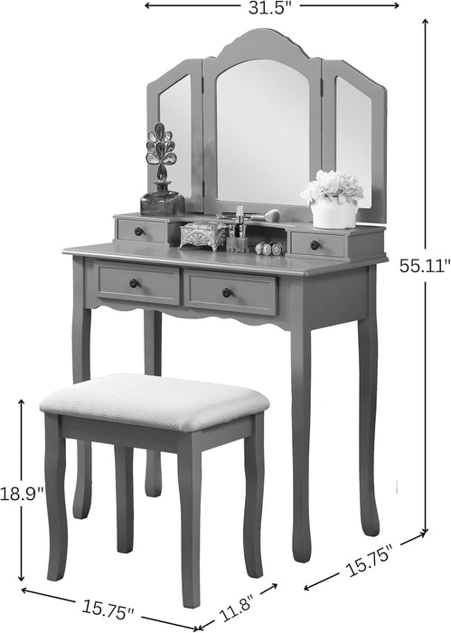 Handcrafted Silvered Wooden Vanity With Mirror Stool