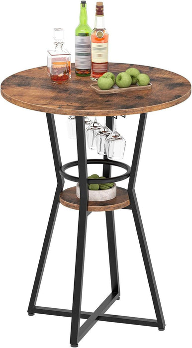 round Bar Table, 2-Tier Counter Height Pub Table with Wine Glass Holder, Industrial Cocktail Table, for Small Space, Tavern, Living Room, Dining Room, Patio, Rustic Brown and Black BF62BT01G1