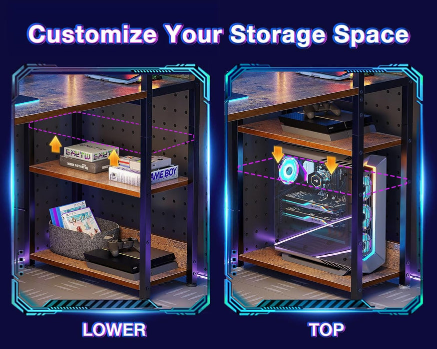 Reversible Gaming Desk with USB Charging Port and LED Lights, 40 Inch Computer Desk with Storage Shelves & Monitor Stand, Writing Study Table for Home Office, Small Space Bedroom, Rustic Brown