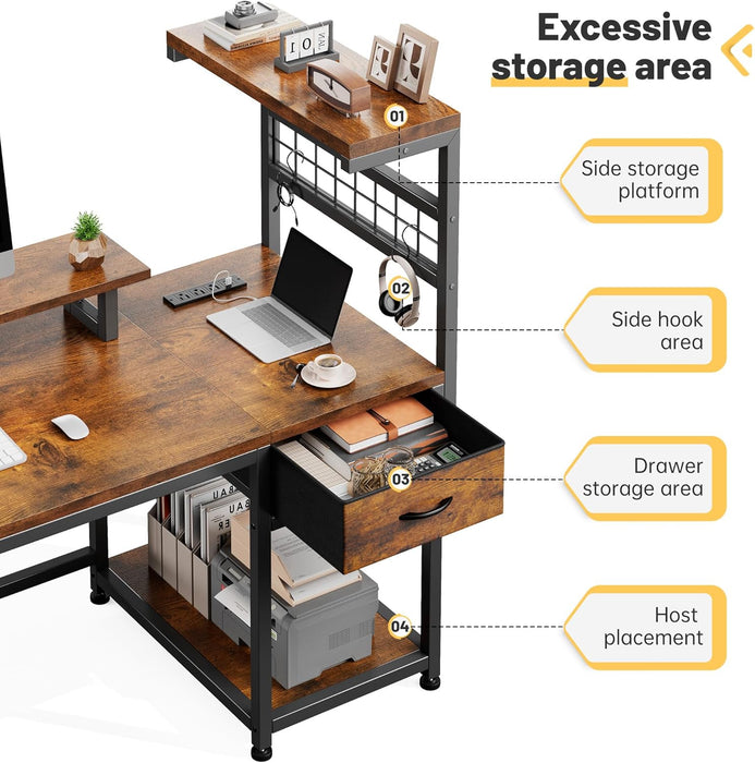 48" Computer Desk with Power Outlets & LED Lights, Gaming Desk with Drawer & Storage Shelves, Reversible Home Office Desk with Monitor Stand, for Living, Study Room, Gaming Room, Rustic Brown