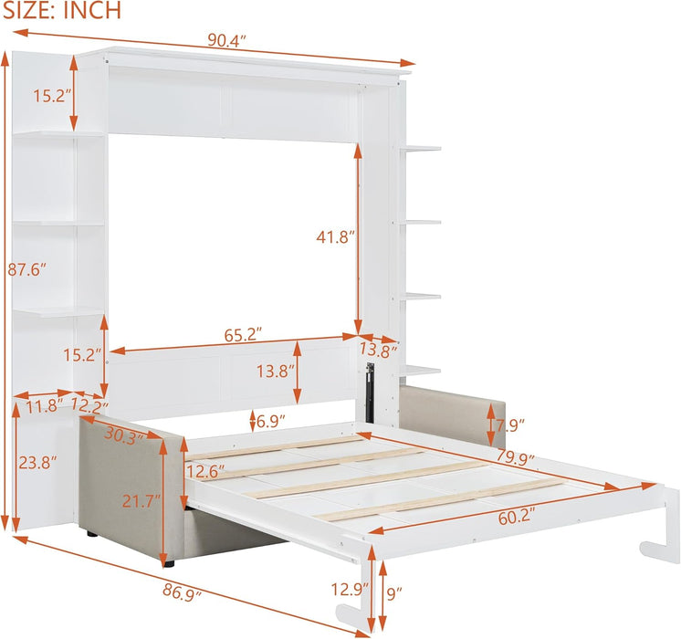 Murphy Bed Queen Size Wall Chest with Sofa and Dual Piston Metal Folding Mechanism Designed,Wood Hideaway Cabinet Platform Bedframe W/Leg,For Small Room,Dorms,White
