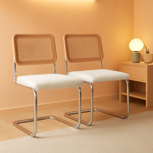 Modern Cesca Cane Dining Chairs, Set of 2, Handwoven Rattan Cane Back, Chrome Base, Upholstered Boucle Seat, Ideal for Kitchen or Dining Room, White