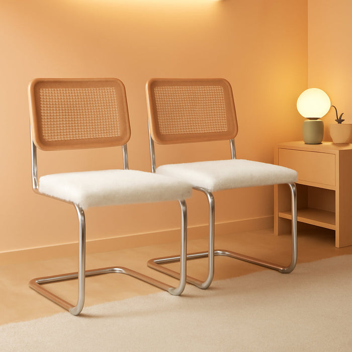 Modern Cesca Cane Dining Chairs, Set of 2, Handwoven Rattan Cane Back, Chrome Base, Upholstered Boucle Seat, Ideal for Kitchen or Dining Room, White