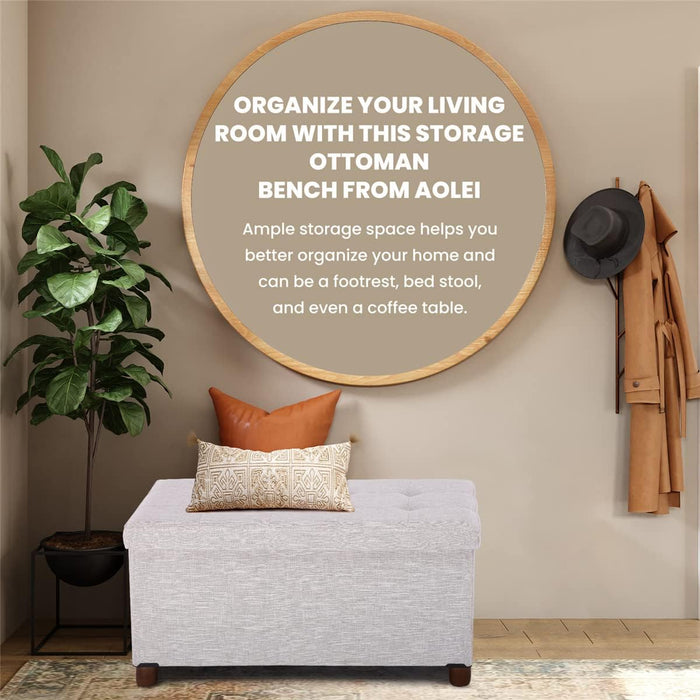 30 Inches Storage Ottoman Bench, Storage Bench with Wooden Legs for Living Room Folding Ottoman Foot Rest Removeable Lid for Bedroom End of Bed, Linen Fabric