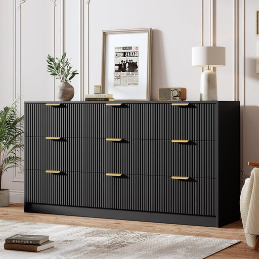 9 Drawers Dresser for Bedroom - 59" Wide Modern Fluted Chest of Drawers with Golden Metal Handles, Large TV Stand Multi-Function Home Organizer for Living Room, Entryway, Hallway, Black