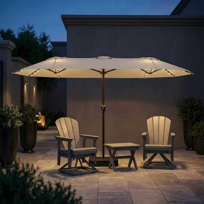 15FT Patio Umbrella with Solar Lights, Double-Sided Extra Large Outdoor Table Umbrella with Base Included, Heavy-Duty 12 Iron Ribs Market Umbrella for Garden, Pool, Backyard, Beige