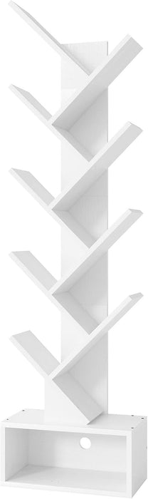 9 Tier Tree Bookshelf, Tall Bookcase with Drawer, Wood Book Shelf, Modern Floor Standing Bookshelves, Book Organizer Shelves for Bedroom, Living Room, Home Office, White