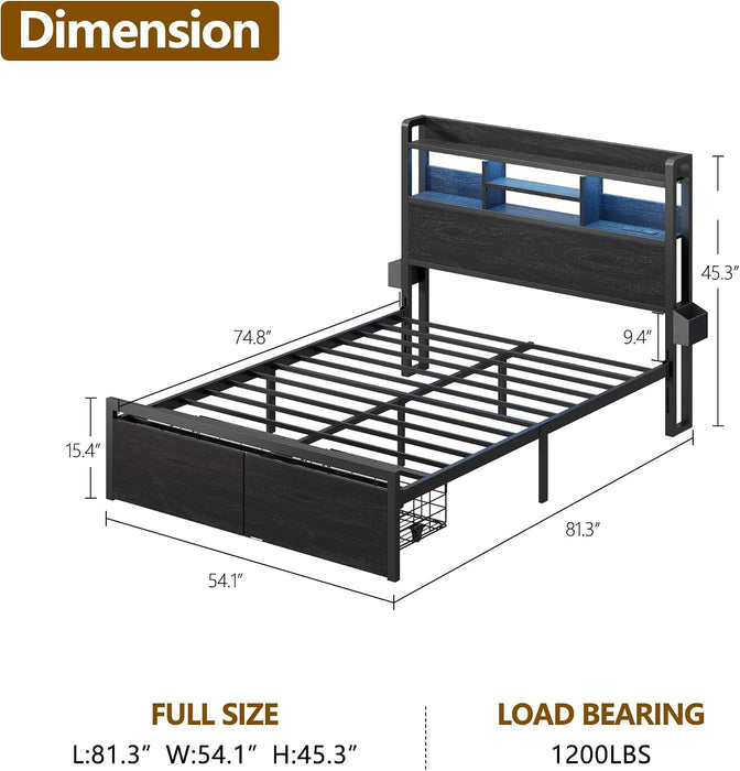Full Size Bed Frame with Headboard and Charging Station,2 Drawers