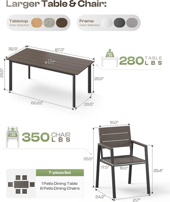 Outdoor Patio Dining Table Sets 7-Piece Aluminum and HDPS All-Weather Table and Chairs with Umbrella Hole, Patio Modern Furniture Sets for Garden, Backyard, Lawn, and Poolside, Charcoal