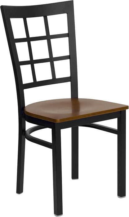 HERCULES Series Black Window Back Metal Restaurant Chair - Cherry Wood Seat