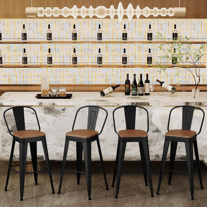 Metal Bar Stools Set of 4,24 Inch Barstools Counter Height Barstools with Backs Farmhouse Bar Stools with Larger Seat High Back Kitchen Dining Chairs Modern Bar Chairs Matte Black Stool