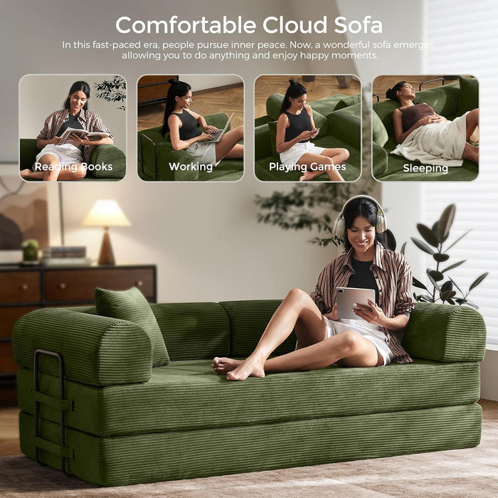 Green Convertible Sofa Bed With Removable Armrests