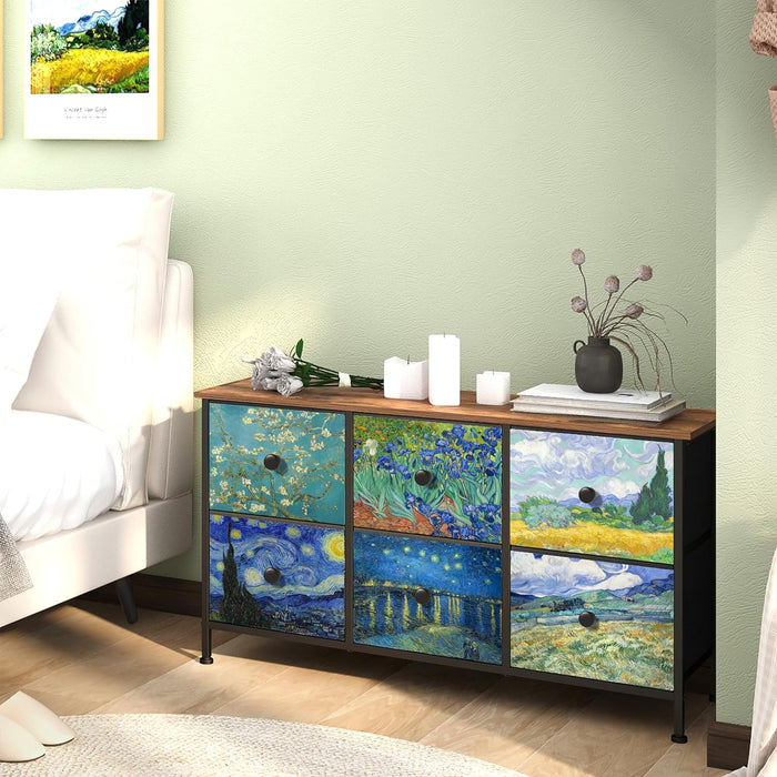 6 Drawer Dresser for Bedroom Van Gogh Chest of Drawers Wide TV Stands Fabric Storage Drawer Unit for Living Room Entryway Closet Sturdy Steel Frame Wood Top