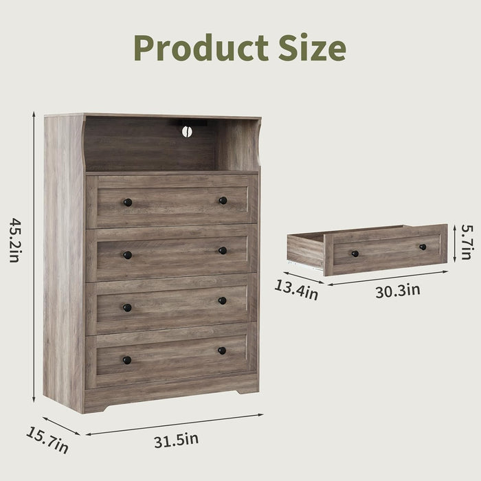 Tall Dressers with 4 Drawer Storage and LED Lights, Gray Wood Chest of Drawers with Charging Station for Bedroom, Living Room, Closet, Hallway, Wooden Nightstand Dresser for Bedside