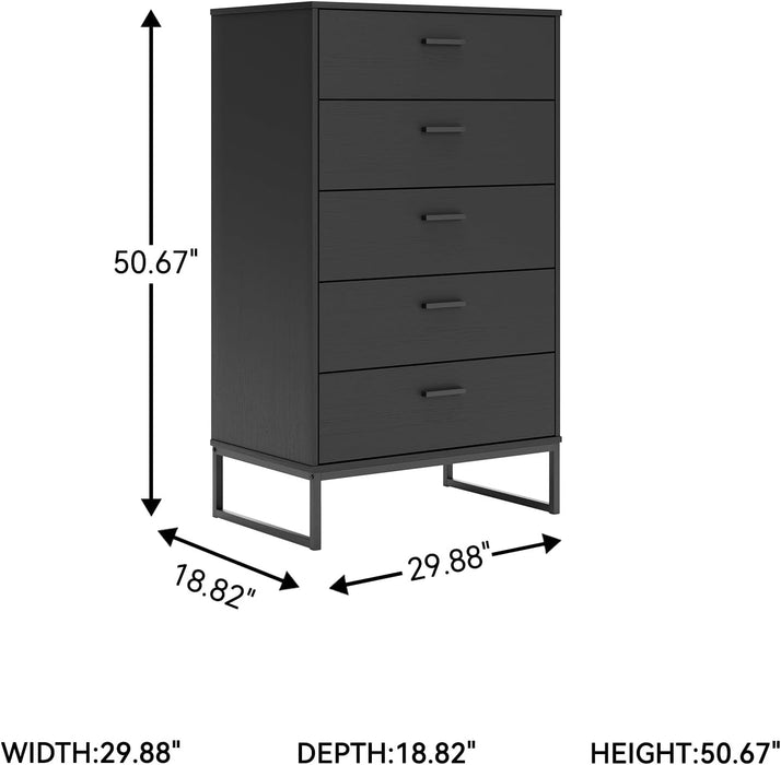 Socalle Modern 5 Drawer Chest with Safety Stop and Metal Legs for Bedroom, Black