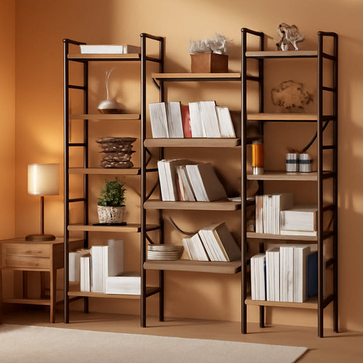 Bookshelf, 5-Tier Triple Wide Industrial Etagere with Baffles | 5-Tier Triple Wide Bookshelf, 72 8". 14 Baffled Shelves. Adjustable Center. Industrial MDF, Iron. 33 Lb per Shelf. Anti-Tip.