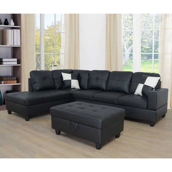 Semi PU Leather Sectional Sofa, L Shaped Couch, Sectional Sofa Set for Small Space Living Room, Black(Without Ottoman)