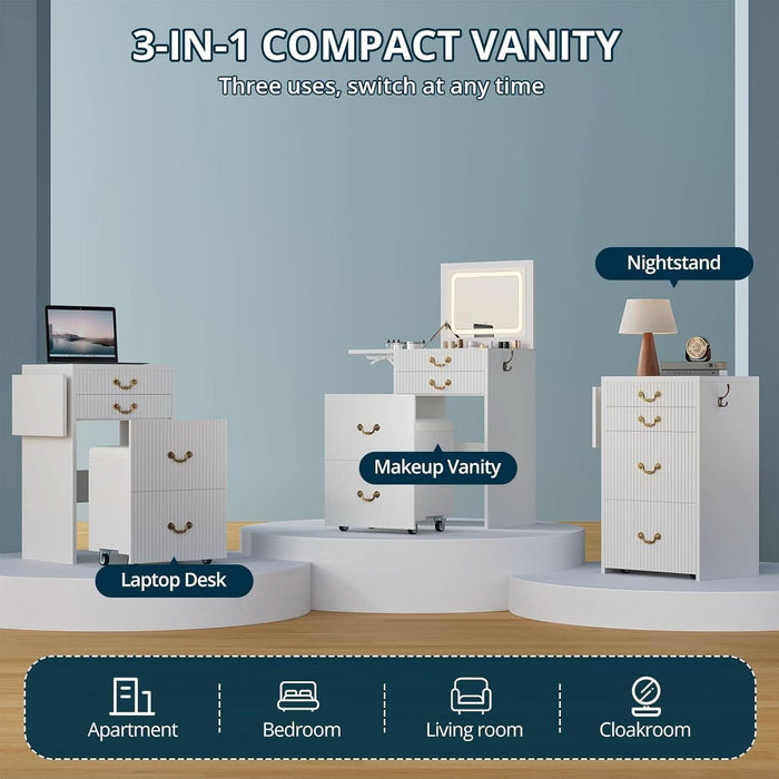 3-In-1 Vanity with Flip Mirror & Lights, Fluted Compact Vanity Table with 3 Drawers, Storage Compartment and Rolling Stool, Modern Small Makeup Vanity for Bedroom, Powder Room, Solid White