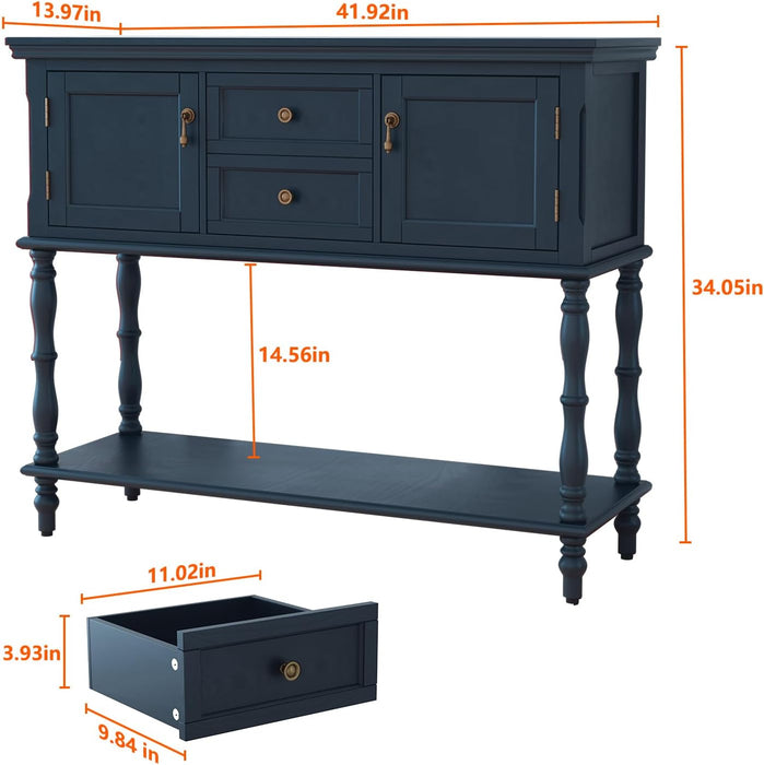 Console Table with 2 Drawers, Retro Entryway Table with 2 Door Cabinets and Open Storage Shelf, Narrow Long behind Couch Sofa Table for Living Room, Foyer, Hallway, Blue