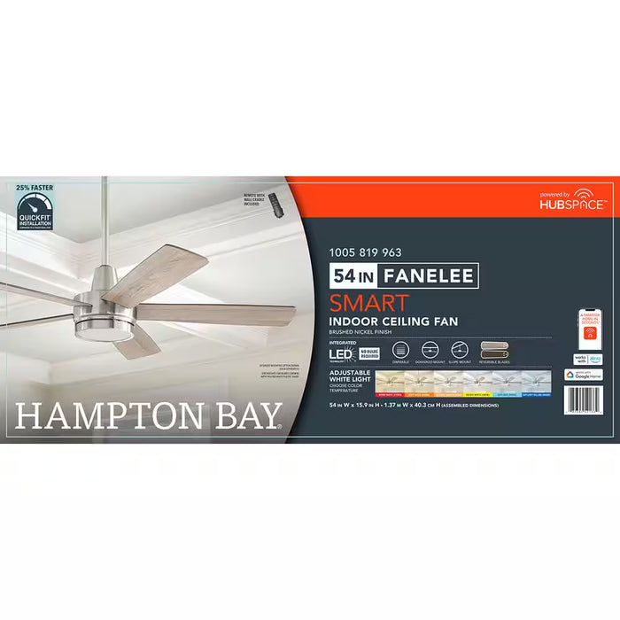 Fanelee 54 In. White Color Changing LED Brushed Nickel Smart Ceiling Fan with Light Kit and Remote Powered by Hubspace