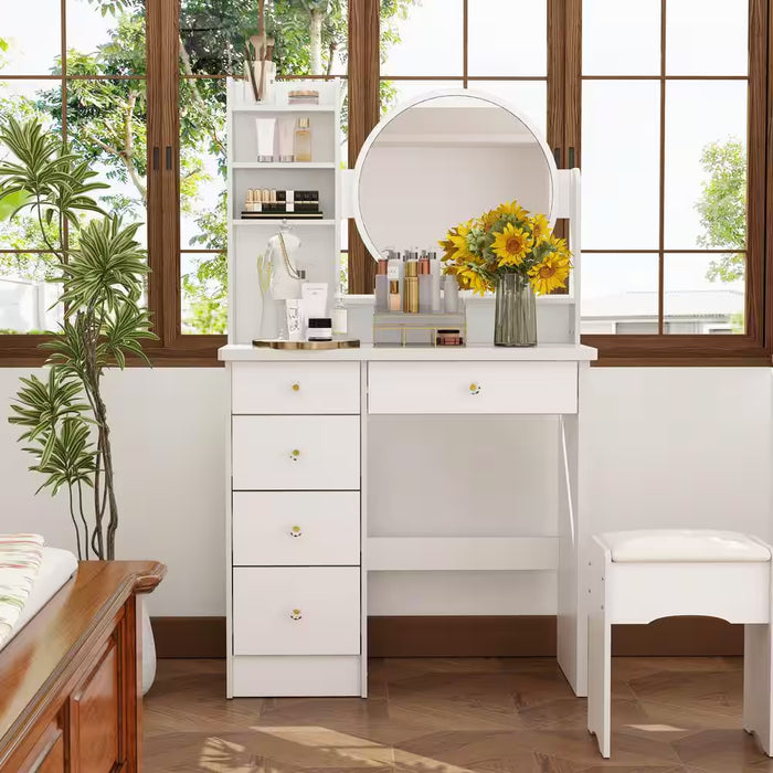 5-Drawers White Makeup Vanity Table Set with Stool Dressing Desk Vanity Wood with round Mirror Storage Shelves