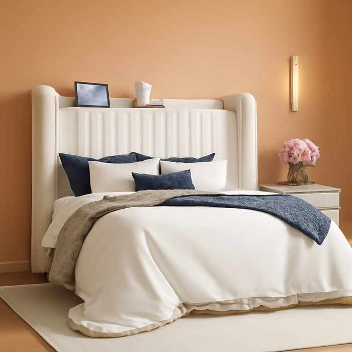 Full Size Velvet Bed Frame with USB Charging Station, Wingback Storage Headboard, Upholstered Platform Bed with Wooden Slats Support, No Box Spring Needed, Easy Assembly, White