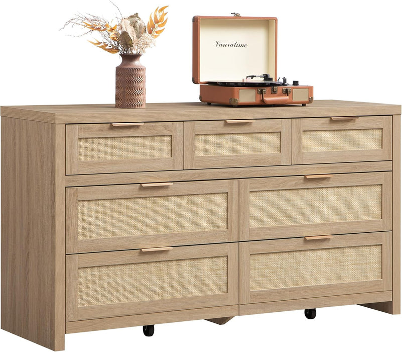 7 Drawer Rattan Dresser for Bedroom, 57" Wide Dresser