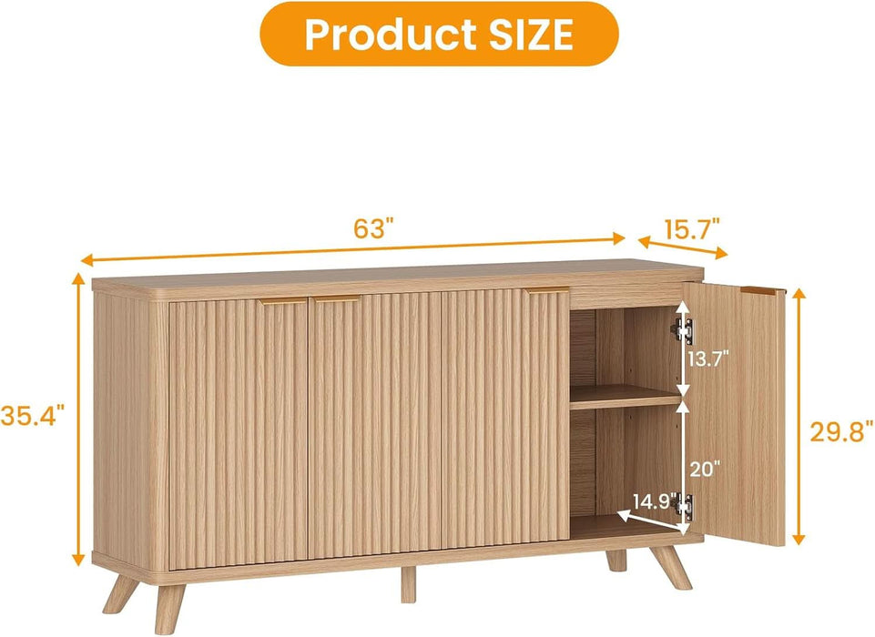 63" Fluted Sideboard Buffet Cabinet with Storage, Modern Curved Wood Credenza Media Console, Heavy Duty Coffee Bar Station with Adjustable Shelves for Kitchen, Living Room, Natural