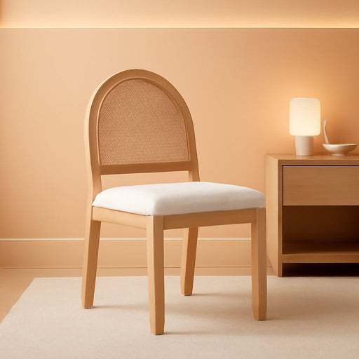 Bailey 19 In. Boucle Dining Chair, Upholstered Side Chair with Natural Woven Rattan Back and Solid Wood Legs, Natural Brown/Rattan/Cream Boucle