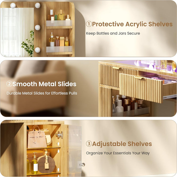 47'' Fluted Makeup Vanity Desk with Large 36" Mirror & Hollywood Bulbs, Smart RGB Lights, Glass Top Vanity with 5 Shelves, 2 RGB Drawers, Acrylic Cabinets, Wood Vanity with Charging Station,Oak