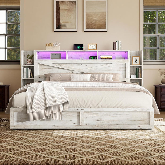 45'' Farmhouse Queen Bed Frame with Bookcase Headboard, LED Bed Frame with Side Shelves & Underbed Drawers, Wood Platform Bed with Charging Station, White