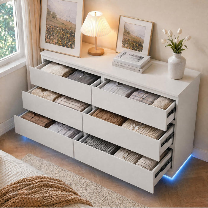 White 6 Drawer Dresser with Led Light and Charging Station for Bedroom