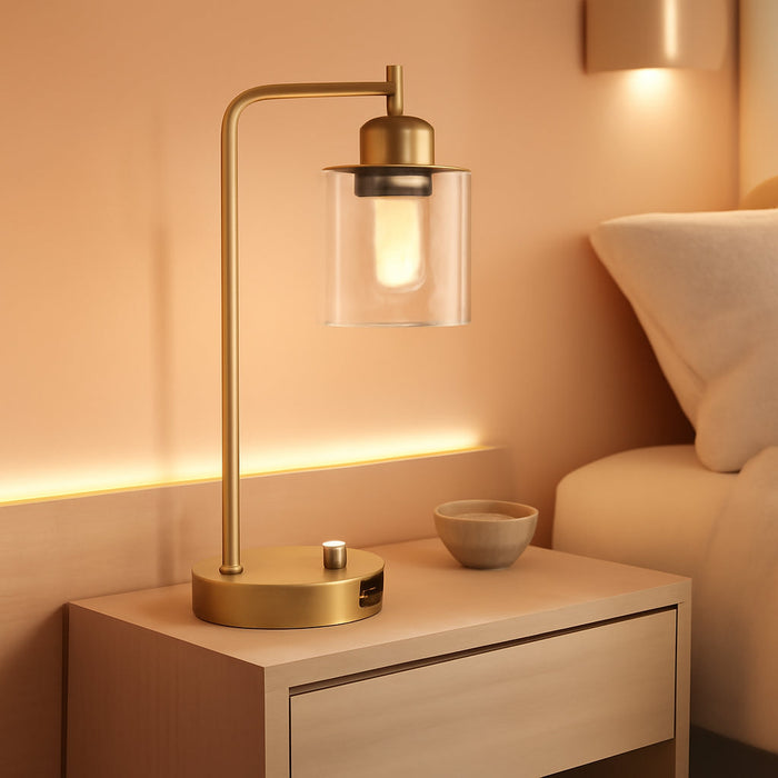 Industrial Table Lamps for Bedroom Set of 2 - Fully Dimmable Bedside Lamps with USB Ports and Outlet, Gold Nightstand Lamps with Clear Glass Shade for Living Room, Desk Lamps for Office Reading