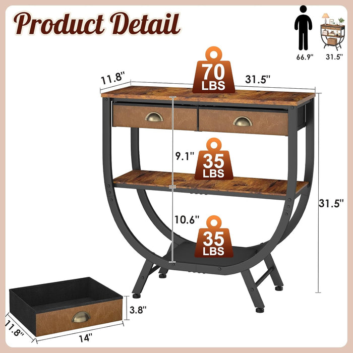 Console Entryway Table with 2 Drawers, 31.5" Height Sofa Table behind Couch with 3 Tier Storage Shelves，Industrial TV Stand Accent Furniture for Hallway Corner Living Room Bedroom Entry Way Home Decor