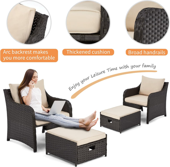 5 Piece Balcony Furniture, All Weather PE Wicker Rattan Patio Furniture Set, Cushioned Patio Chairs Set of 2 W/Ottoman&Table, Outdoor Lounge Chair for Lawn Pool Balcony, Khaki