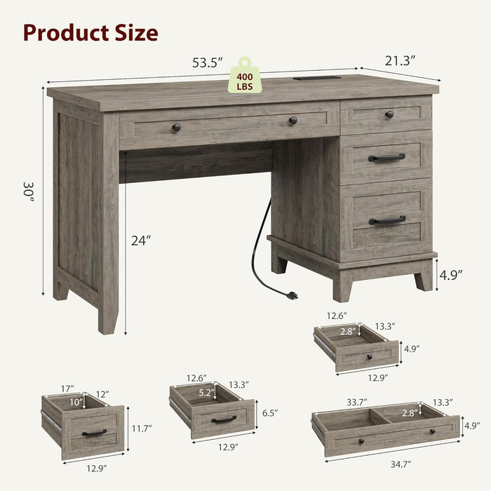 53.5" Farmhouse Computer Desk with Charging Station, Rustic Black Home Office Executive Desk, Wooden Workstation with File Cabinet Storage Drawers for Writing & Study, Rustic Gray