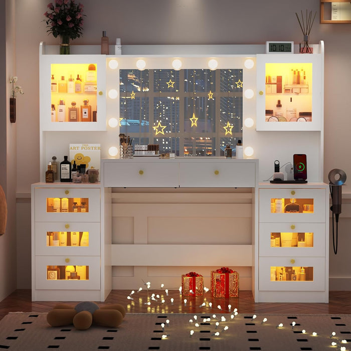 62 Inch Large Makeup Vanity Desk with Mirror and Lights 3 Color Lighting, Glass Top Vanity Table with Power Outlet and RGB Glass Cabinet, 8 Drawers Dressing Table for Bedroom and Dressing Room, White