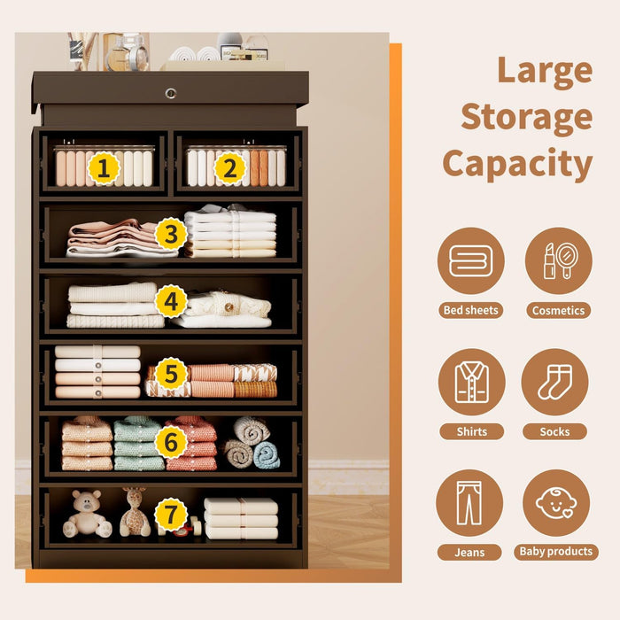 Black Tall Dresser with Sliding Top Lock & LED Light, 51.3" Tall 7 Drawer Chest of Drawers with Charging Station, Modern Wood Bedroom Storage Organizer for Closet, Hallway, Entryway