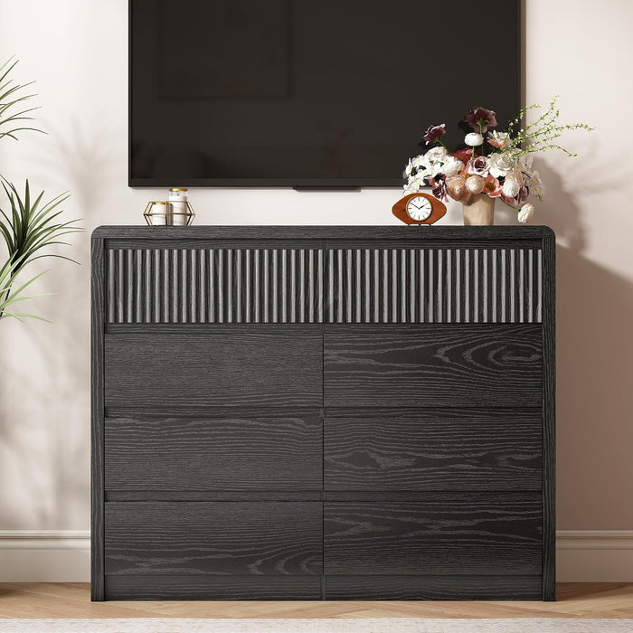 Black Fluted 8 Drawer Dresser for Bedroom, Curved Edge, 50" Wide