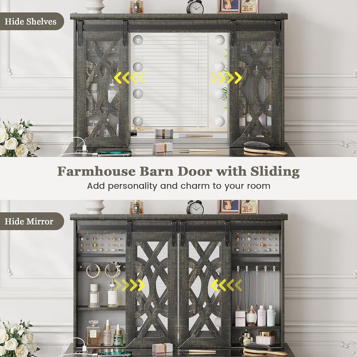 Farmhouse Makeup Vanity with Mirror & Lights, Large Vanity Desk with 5 Drawers & 9 Storage Shelves, Dressing Table with Jewelry Armoire, Vanity Gifts for Wife Girlfriends Women/Lady Girl (Brown)