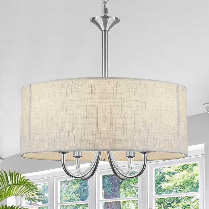 Brushed Nickel Drum Chandelier 16-Inch Linen Shade