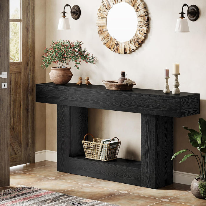 63" Console Table, Farmhouse 2-Tier Entryway Table with U-Shaped Base, Narrow Long Wood Sofa Table behind Couch Table for Living Room, Hallway, Foyer, Black