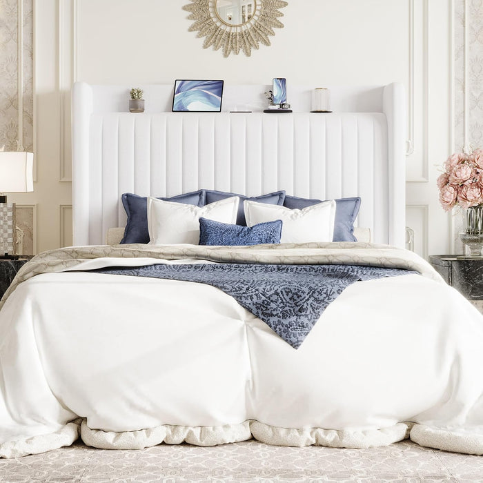 Queen Size Velvet Bed Frame with USB Charging Station, Wingback Storage Headboard, Upholstered Platform Bed with Wooden Slats Support, No Box Spring Needed, Easy Assembly, White