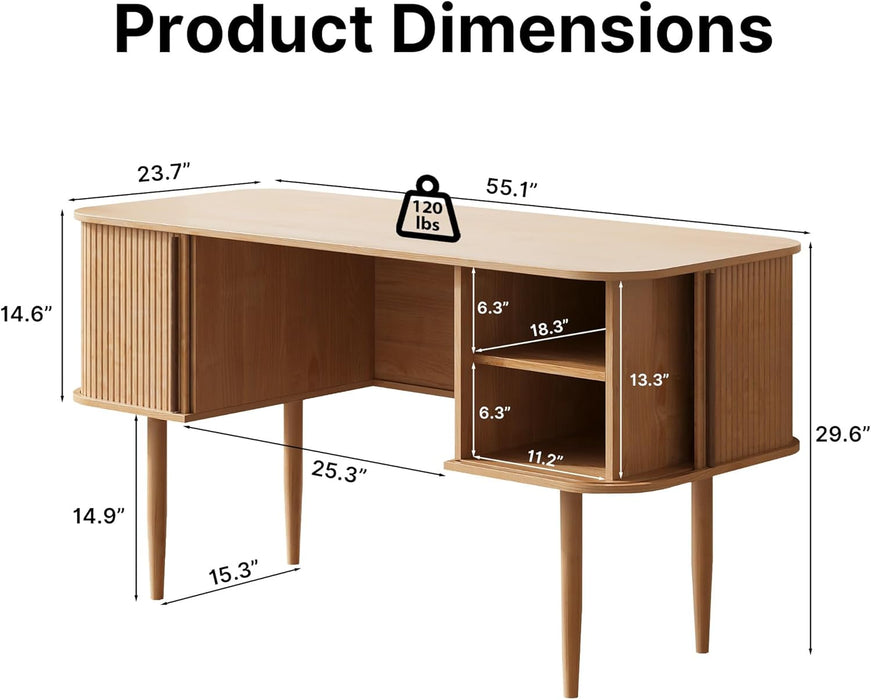 55" Modern Writing Desk with Storage, Wood Home Office Desk with Sliding Doors, Computer Desk for Home Office, Dorm, Living Room, Home Study Table, Natural