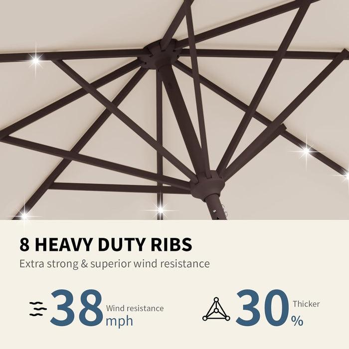 9FT Patio Umbrella with Solar Lights,Outdoor Market Umbrella with Tilt and Crank, LED Lighted Table Umbrella for Garden,Deck,Backyard,Pool,Beach (Beige)