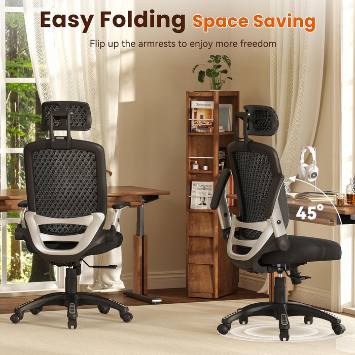Ergonomic Office Chair, High Back Home Desk Chair with Flip-Up Arms, 3D Headrest, 90-120° Tilt and Wide Cushion Seat, Big and Tall Computer Chairs for Man Woman, Mesh Chair -Midnight Cloud