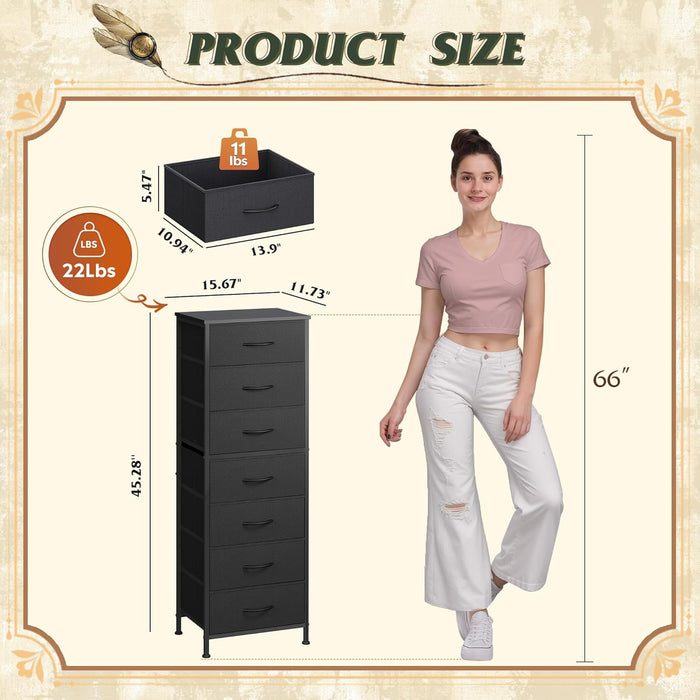 Black Tall Dresser for Bedroom, 7 Drawer Dressers & Chests of Drawers, Fabric Dresser for Closet, Living Room, Night Stand with Metal Frame, Storage Tower with Fabric Bins, Wood Top
